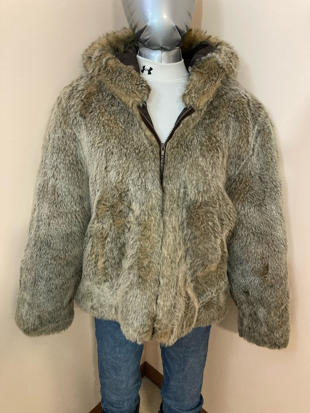 Faux Fur Hooded Jacket - Taupe Brown